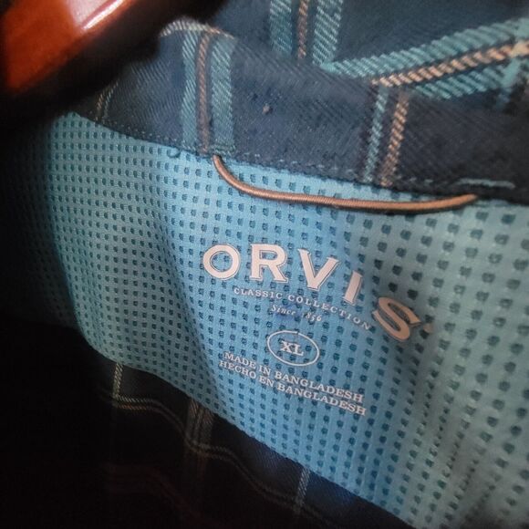 Orvis Shirt Mens XL Blue Purple Plaid Double Pocket Button Down Polyester - Picture 4 of 7